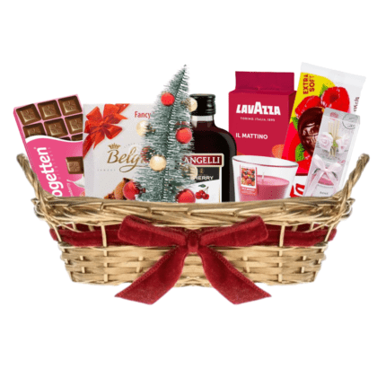 Cos cadou premium cu delicii fine în cos din bambus auriu - ciocolată Roshen, biscuiți, trufe belgiene și accesorii