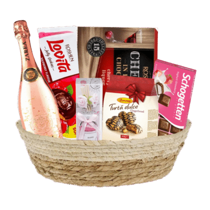 Cos cadou Zarea Rose cu spumant și delicii dulce