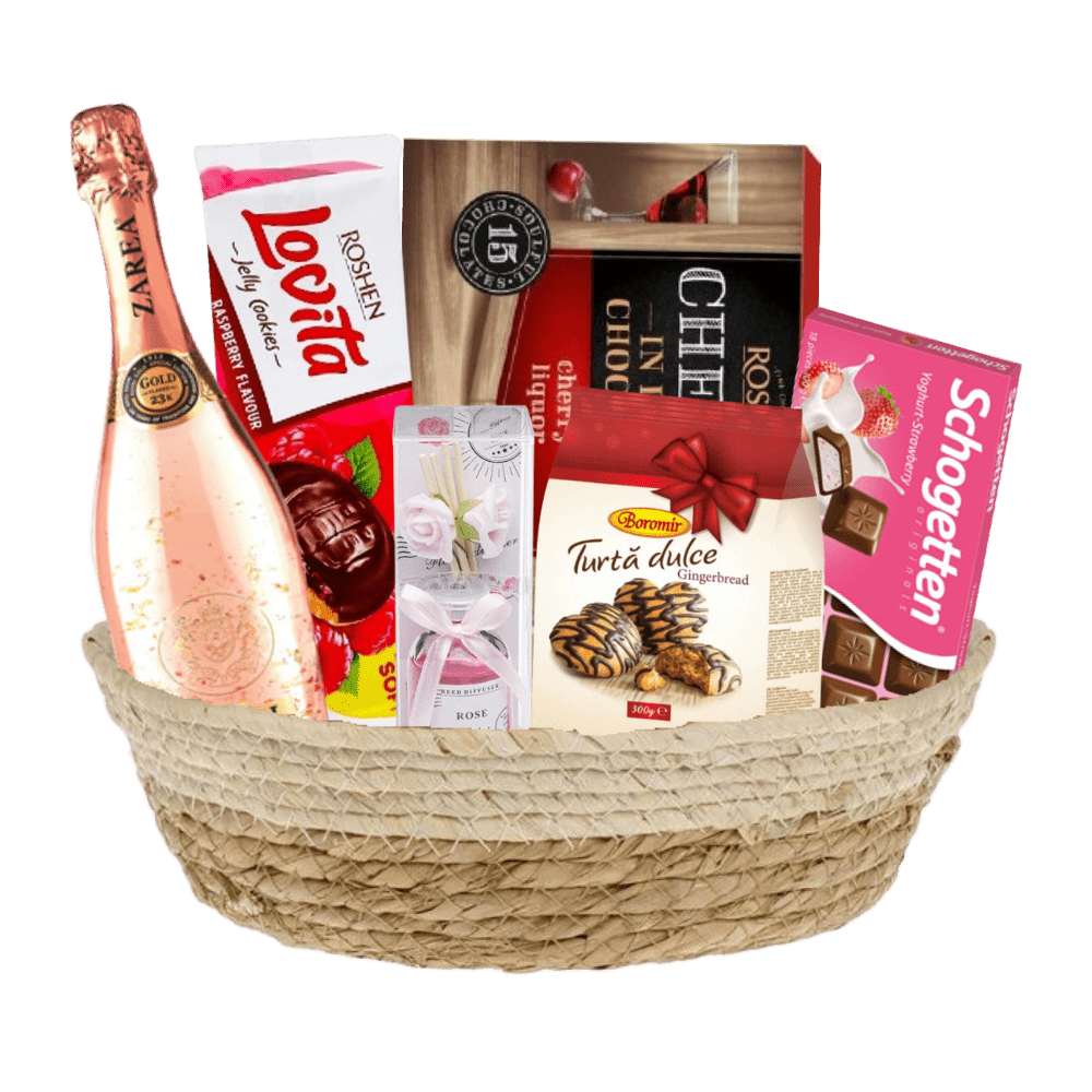 Cos cadou Zarea Rose cu spumant și delicii dulce