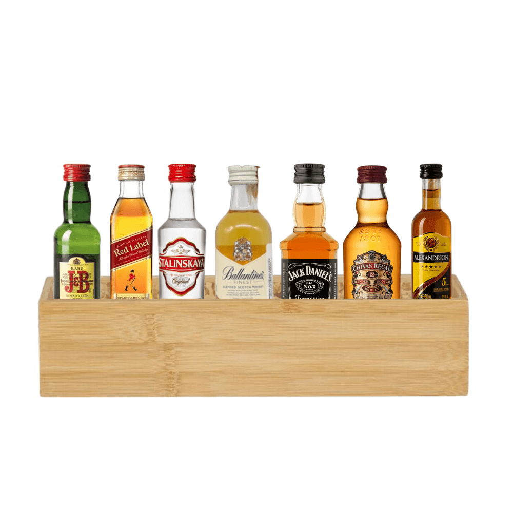 Set cadou premium cu 7 bauturi miniaturi în cutie bambus