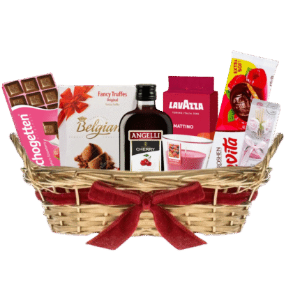 Cos cadou regal cu selectie premium de delicii în cos bambus auriu