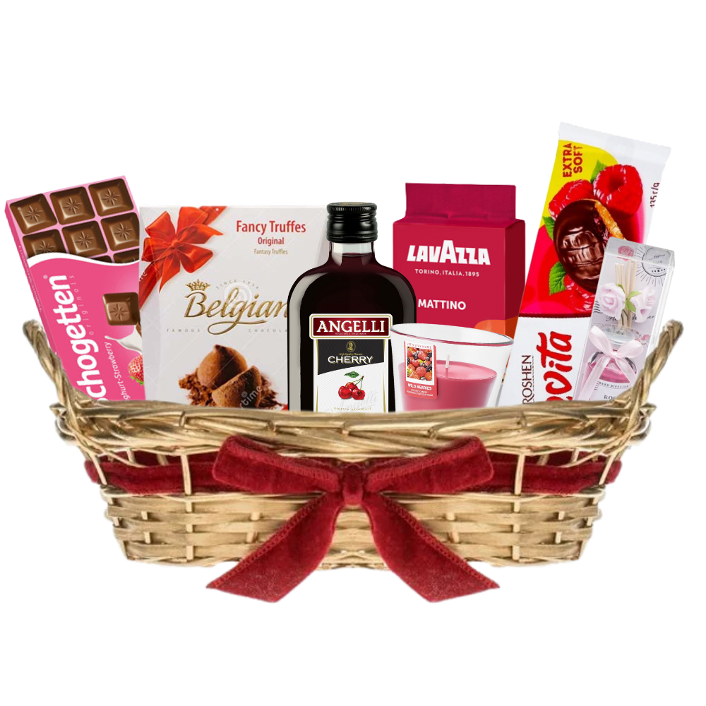 Cos cadou regal cu selectie premium de delicii în cos bambus auriu