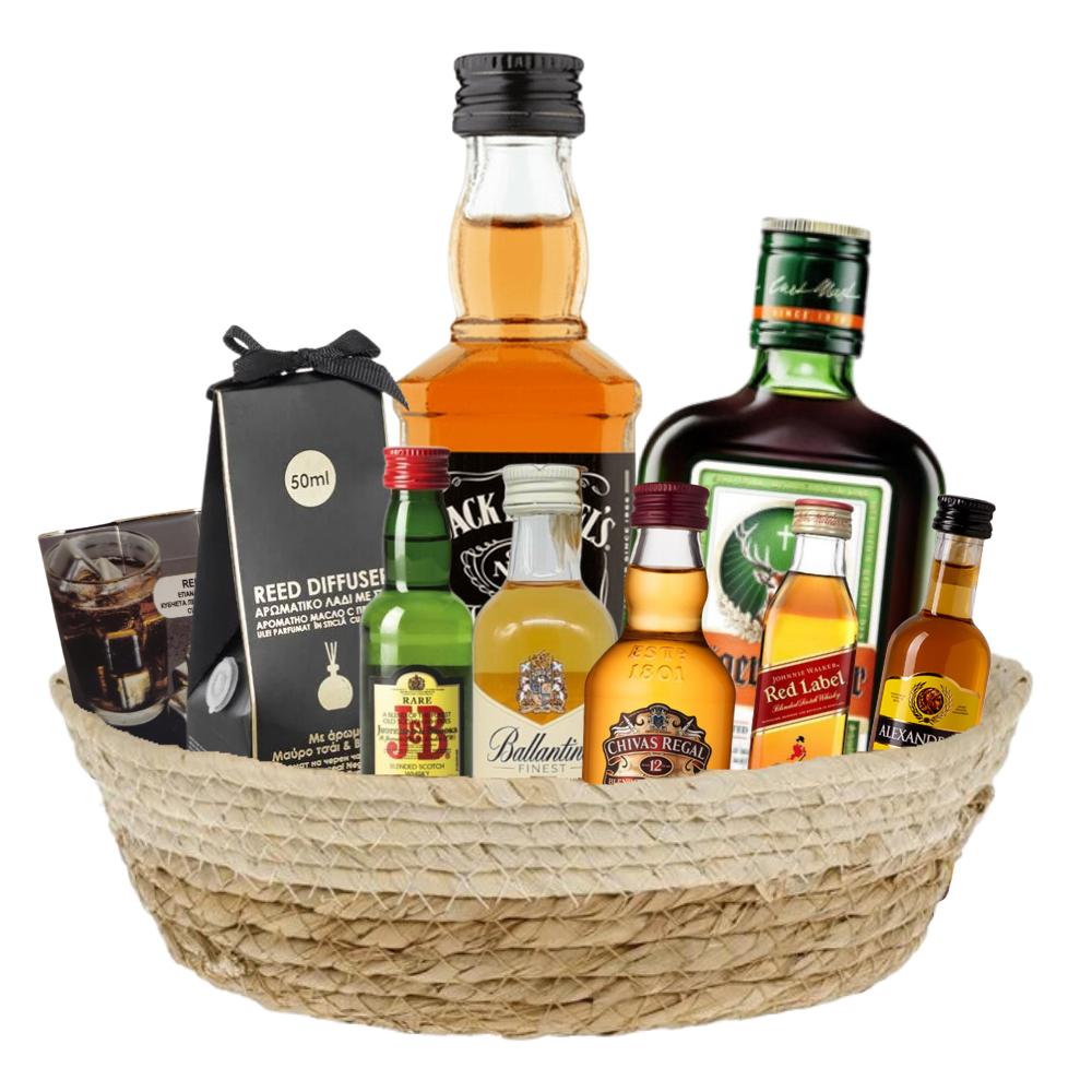 Cos cadou bauturi premium cu whisky și accesorii