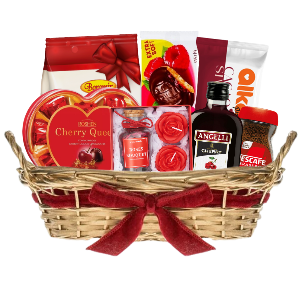 Cos Cadou IMPERIAL cu Delicii Alese, Bomboane Cherry, Prajitura Casei Alka