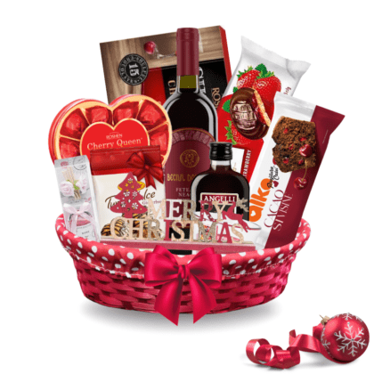 Cos cadou premium cu delicii si decoratiune in cos de bambus