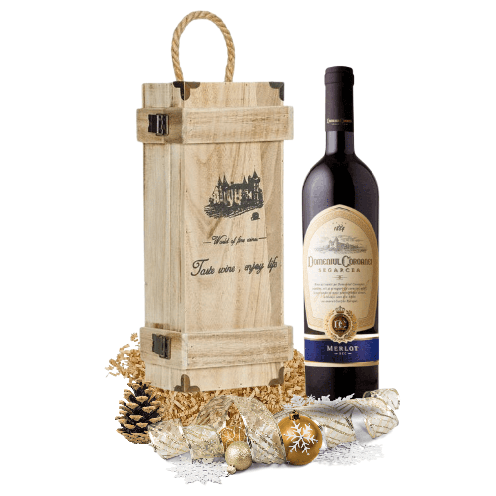 Set cutie vin cu Segarcea Merlot 2017 - cutie din lemn natural si vin rosu