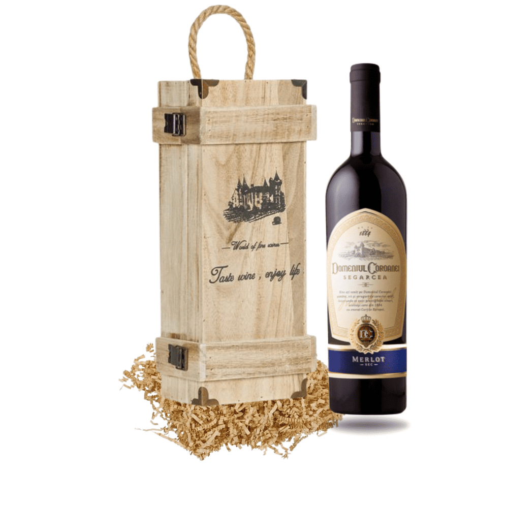 Set cutie vin cu Segarcea Merlot 2017 - cutie din lemn natural si vin rosu