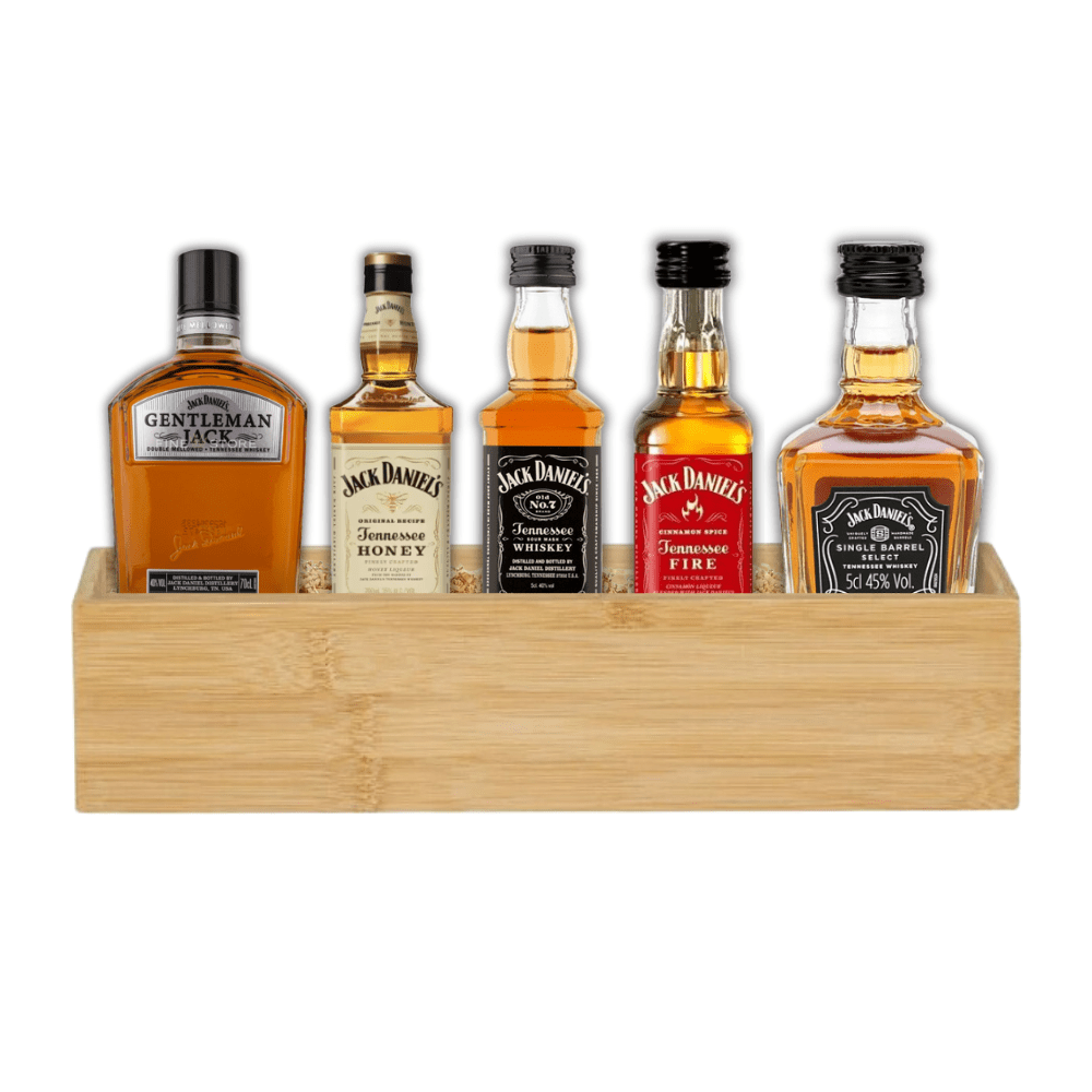 5 miniaturi de 50 ml whisky Jack Daniel's Tennessee în cutie de bambus
