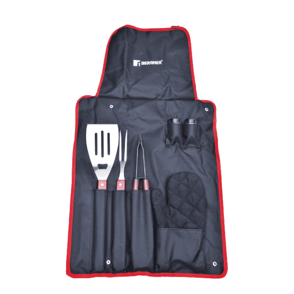Set ustensile grătar Bergner din 7 piese inox cu mănușă termorezistentă
