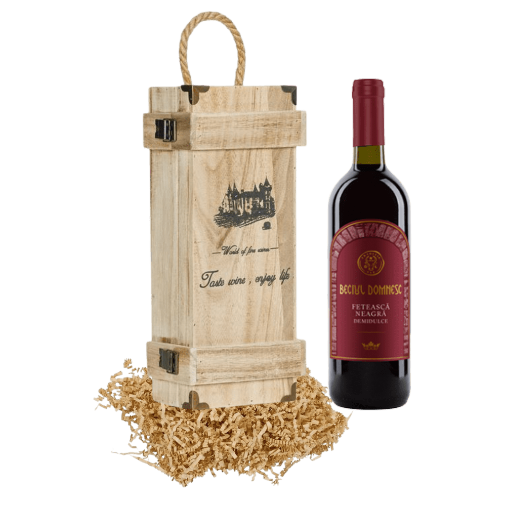 Set cadou rustic cu vin roșu Beciul Domnesc Cabernet în ladă de lemn