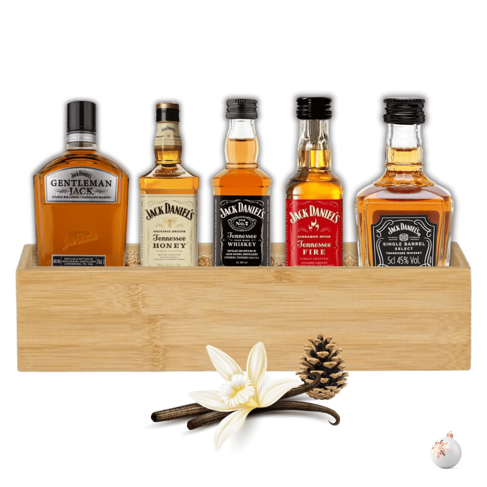 5 miniaturi de 0,05l whisky Jack Daniel's Tennessee în cutie de bambus