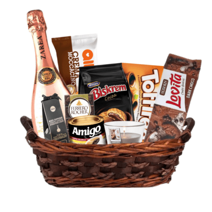 Coș cadou aniversare cu spumant Zarea Royal Gold Rose și dulciuri