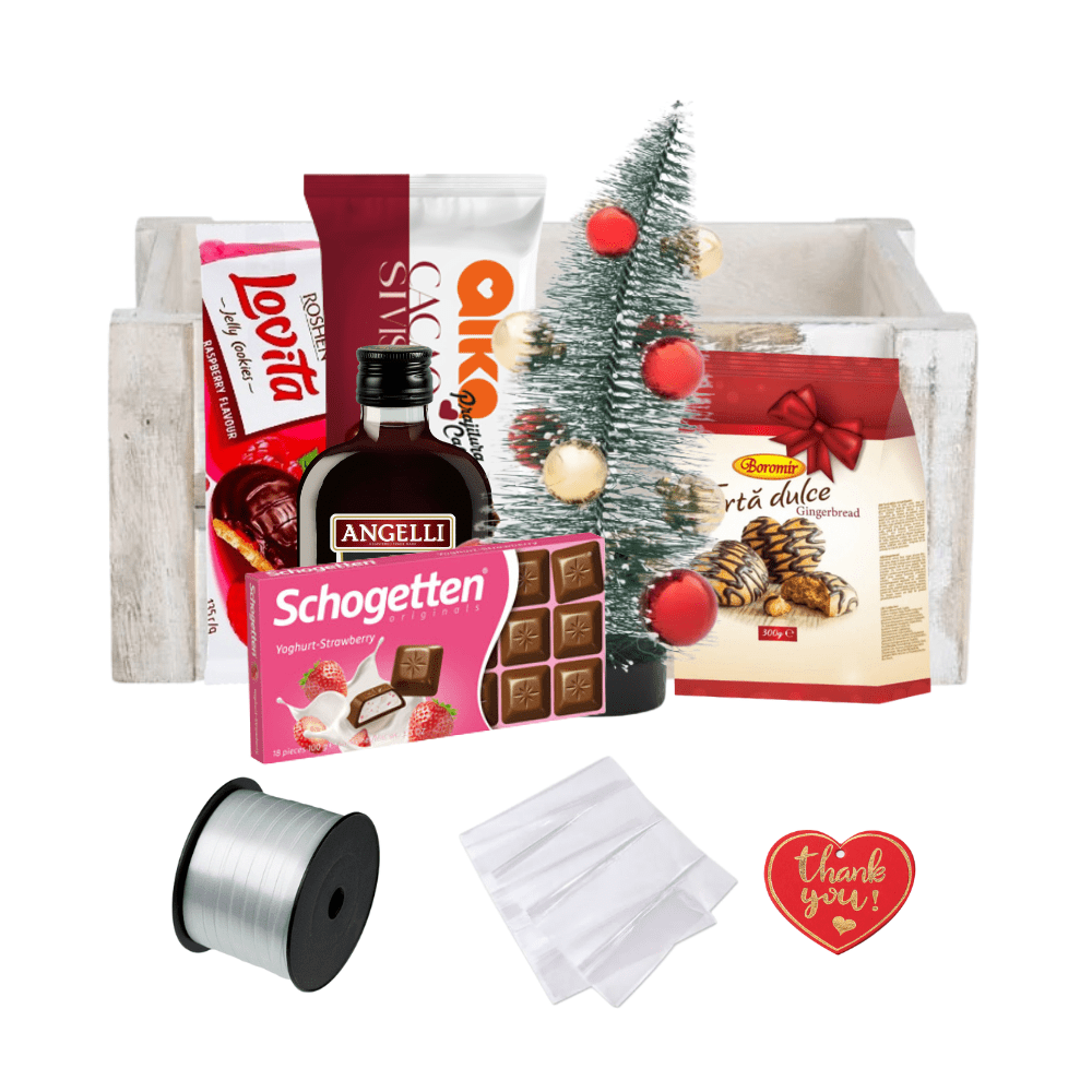 Pachet Cadou Festiv Ladita Alba Pachet cadou festiv în lădiță albă de lemn cu Angelli Cherry și dulciuri