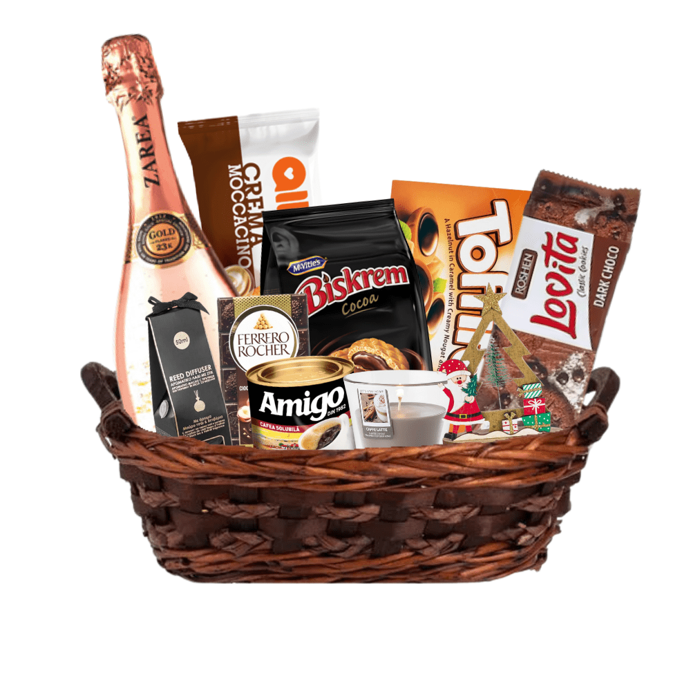 Coș cadou premium cu spumant Zarea Royal Gold Rose și dulciuri - cos-cadou.ro