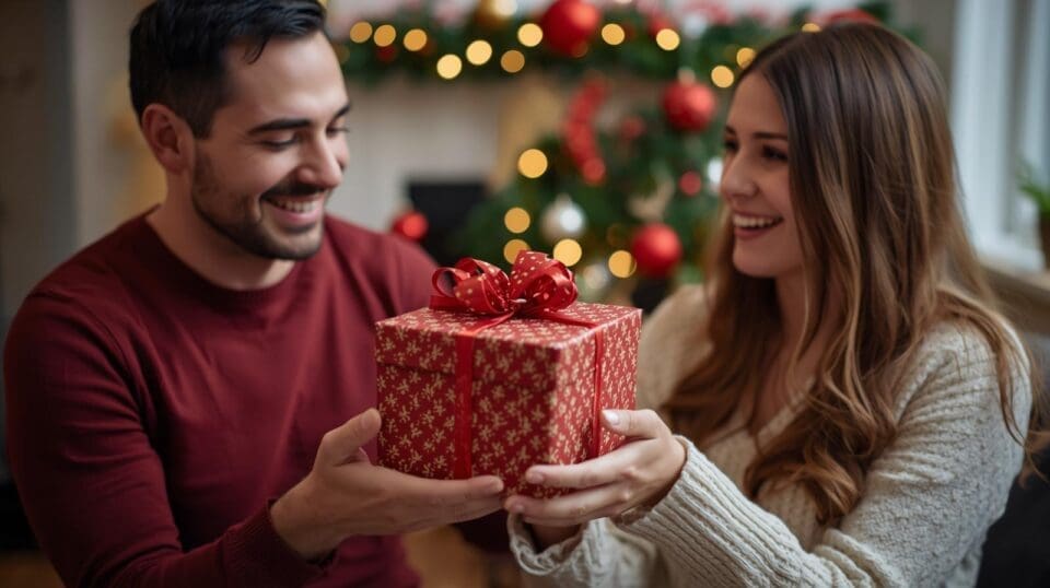 Soție oferind o cutie cadou cu panglică soțului - imagine reprezentativă pentru idei cadouri Crăciun soț