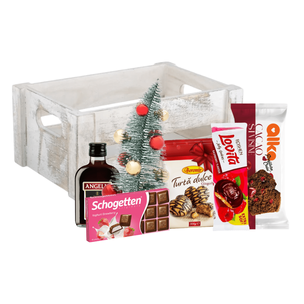 Pachet cadou festiv în lădiță albă de lemn cu Angelli și dulciuri - disponibil pe cos-cadou.ro