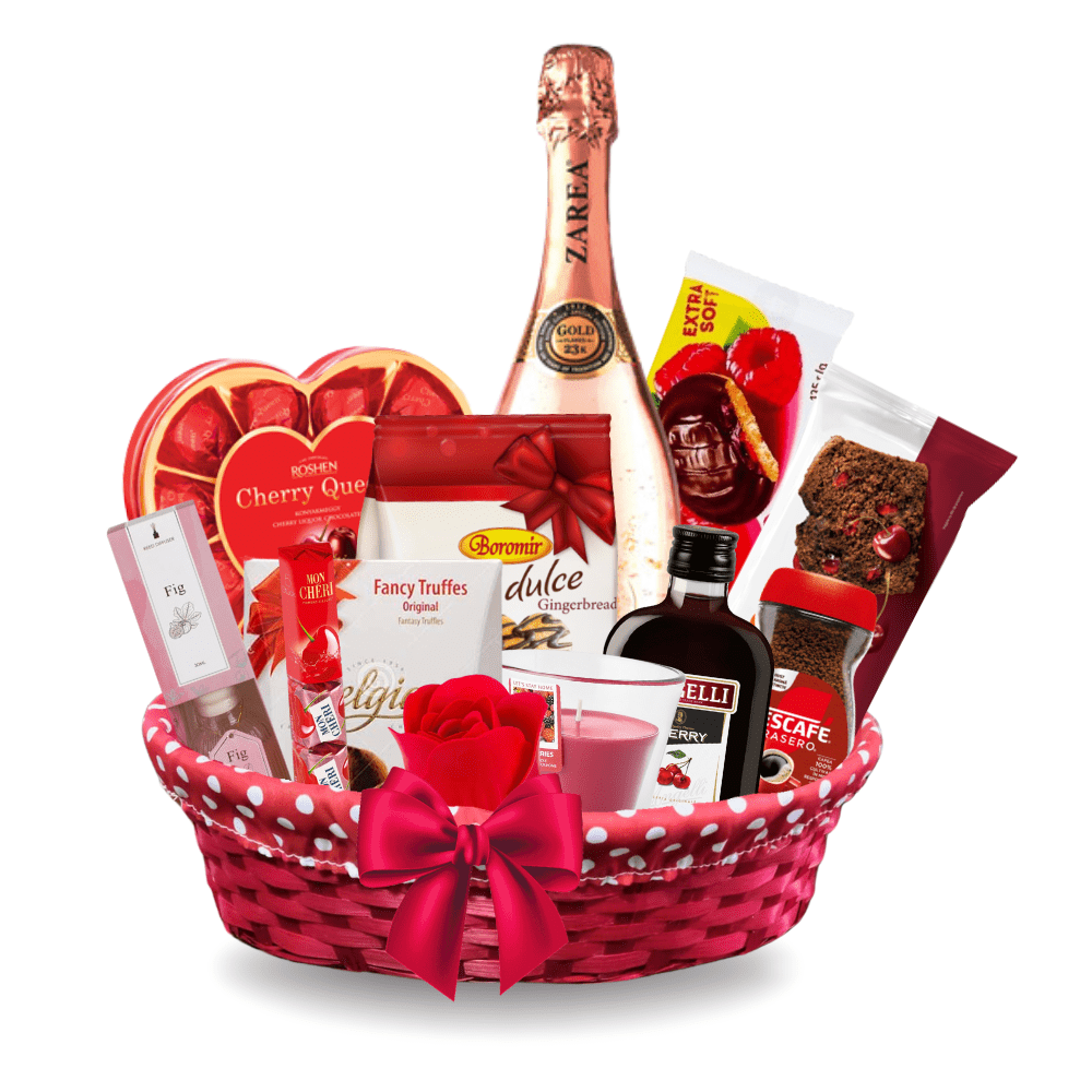 Cos cadou Love rosu oval - delicii premium Ferrero Rocher, Zarea Royal Gold cu aur, Mon Cheri, trufe belgiene, turta Boromir