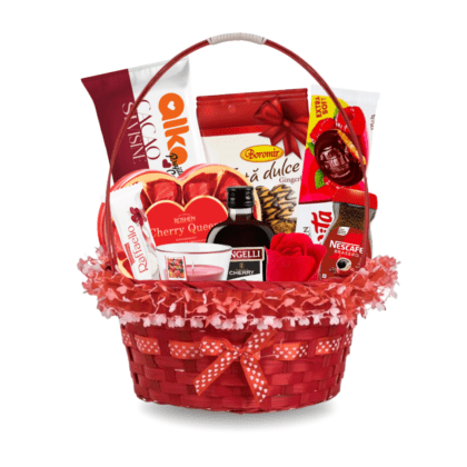 Cos cadou Red Passion roșu cu mâner - delicii premium Raffaello, prăjitură Alka, lichior Angelli, bomboane Roshen