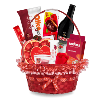 Cos cadou Adoration roșu cu mâner - delicii premium