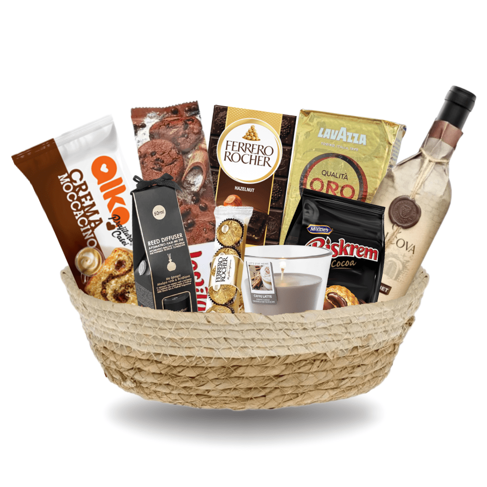 Cos cadou Cinste bej-maro - cafea Lavazza ORO, Ferrero Rocher, prăjitură Alka, biscuiți Roshen, vin Cricova Cabernet