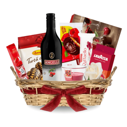 Cos cadou Darling auriu cu panglică bordo - delicii premium Raffaello, Mon Cheri, Angelli, Lavazza, Roshen