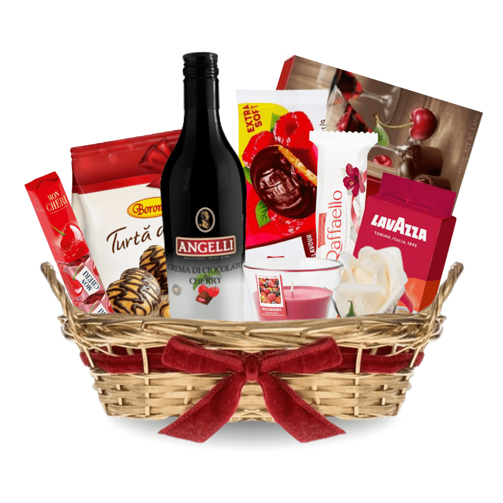 Cos cadou Darling auriu cu panglică bordo - delicii premium Raffaello, Mon Cheri, Angelli, Lavazza, Roshen