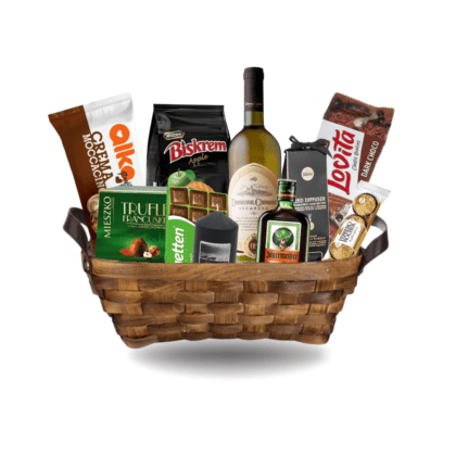 Cos cadou Honor oval bej - Ferrero Rocher, Jagermeister, ciocolată Schogetten, prăjitură Alka,vin Segarcea Sauvignon Blanc