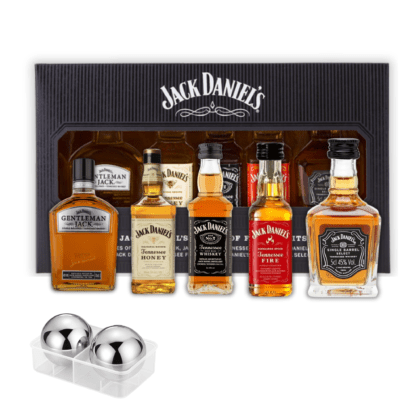 Set cadou cu miniaturi whisky Tennessee 5x50ml și 2 sfere gheață inox - cutie neagră premium