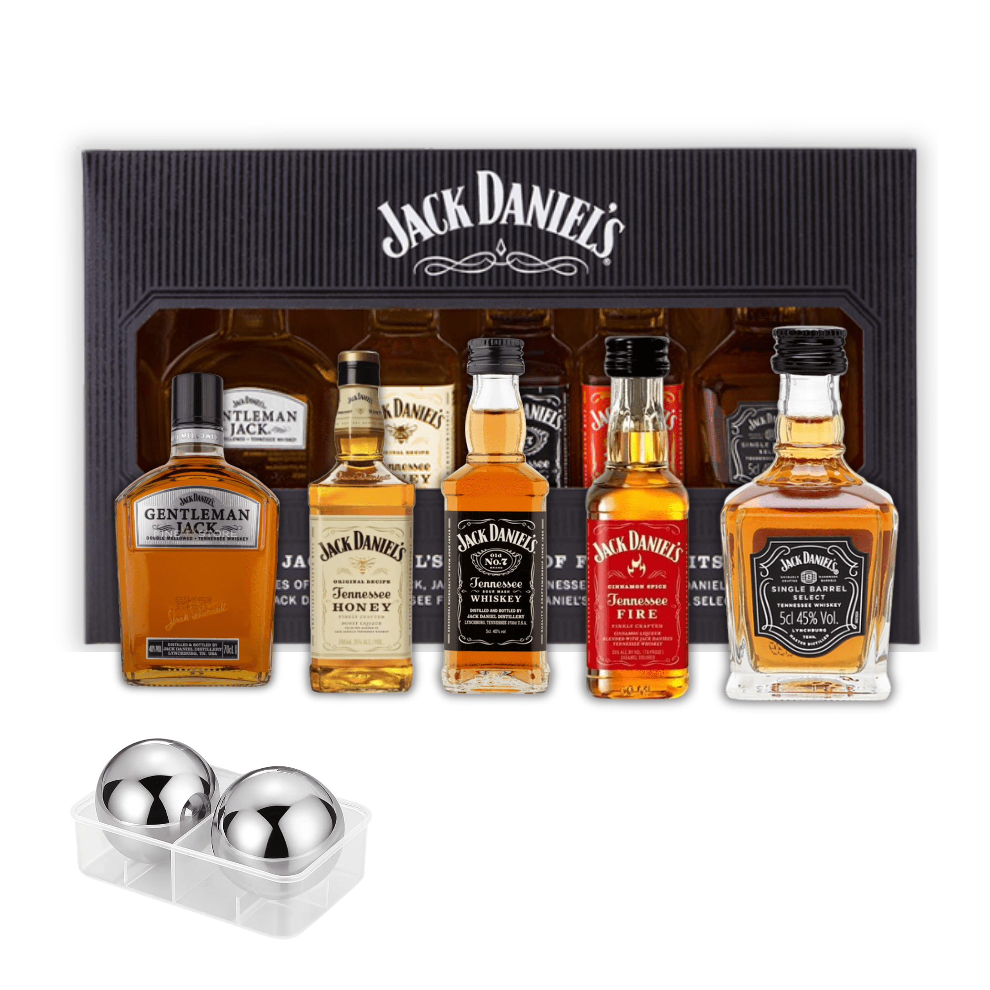 Set cadou cu miniaturi whisky Tennessee 5x50ml și 2 sfere gheață inox - cutie neagră premium