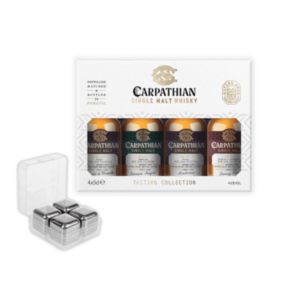 Set cadou cu miniaturi Carpathian Single Malt și cuburi inox - single malt românesc în format miniatură