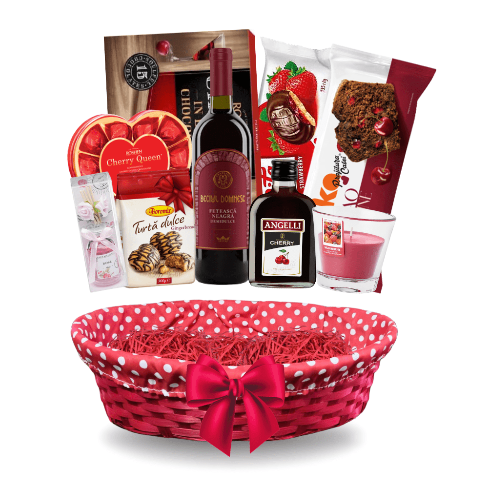 Cos cadou premium cu delicii și accesorii - 9 produse în cos bambus natural