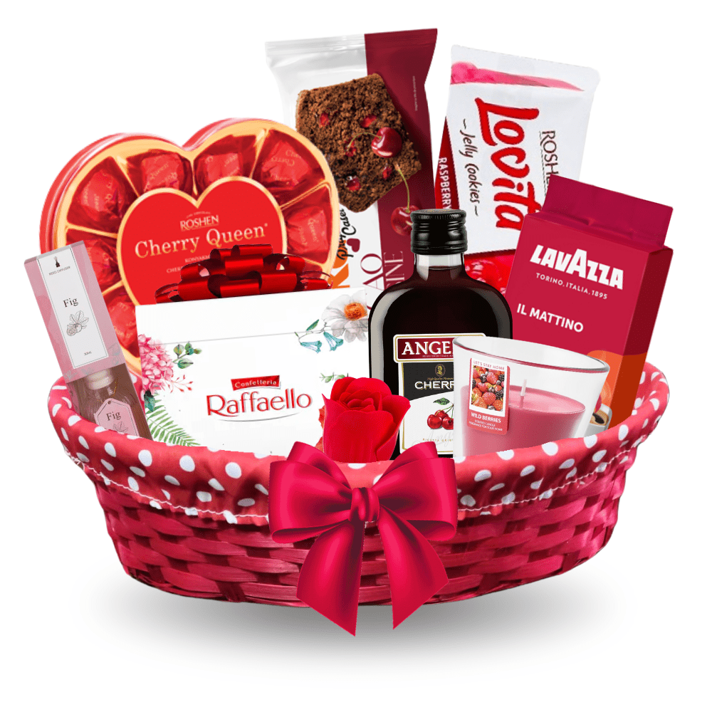 Cadouri femei – Coș cadou premium cu dulciuri fine, cafea Lavazza și lichior Angelli