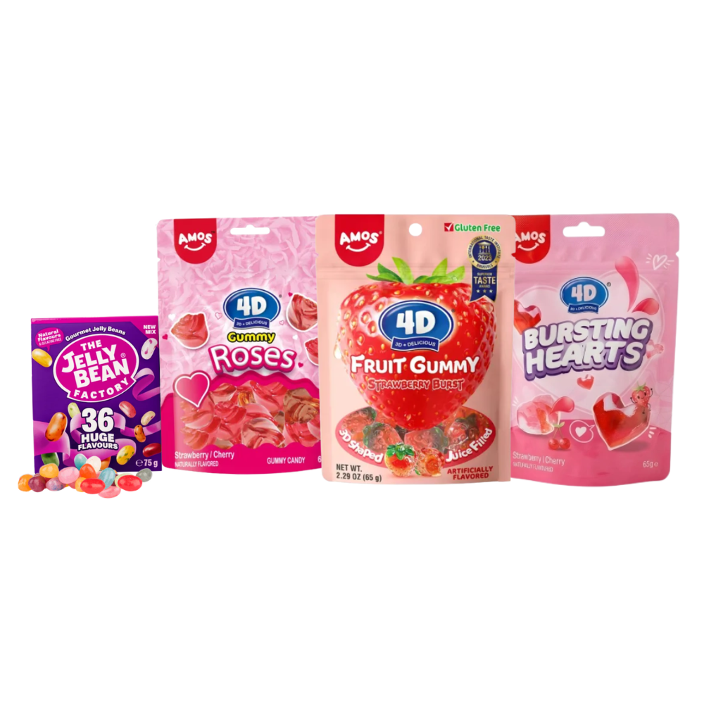 jeleuri capsuni amos 4d si jelly beans pachet dulciuri copii